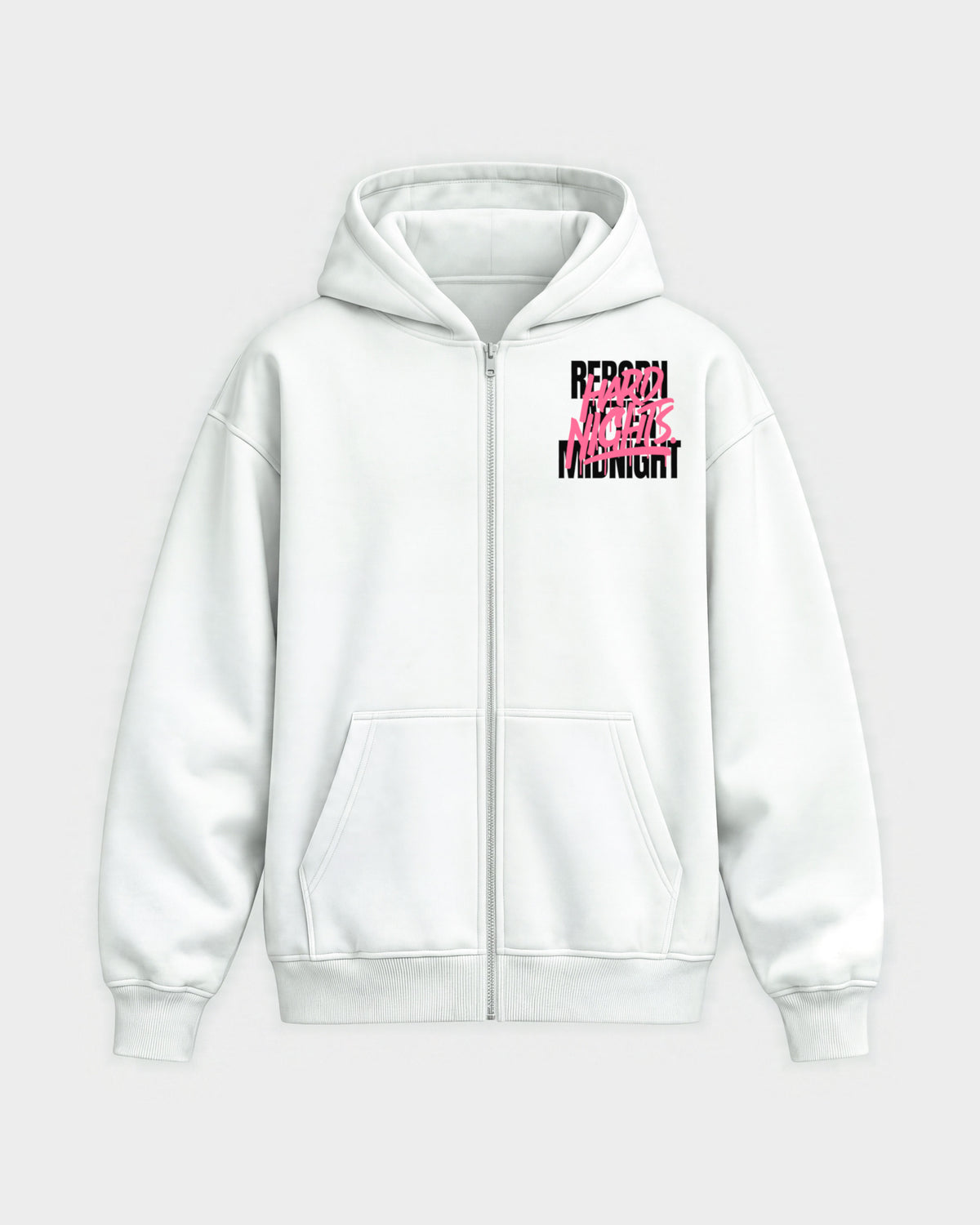 Rave Reborn System – Oversized Zipper Hoodie in Weiß, Frontprint – Hard Nights