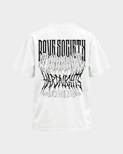 Rave Society – Basic Shirt in Weiß, Rückenprint – Hard Nights
