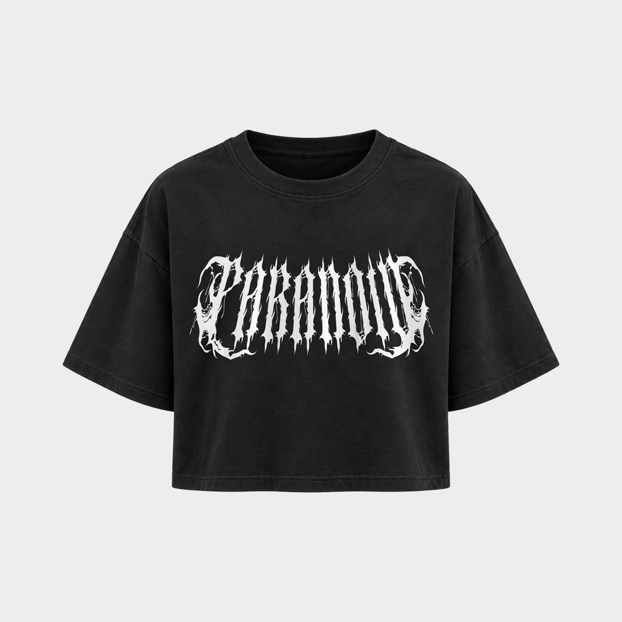 Rave Society mit PARANOID-Motiv – Crop Top in Schwarz – Vorderansicht