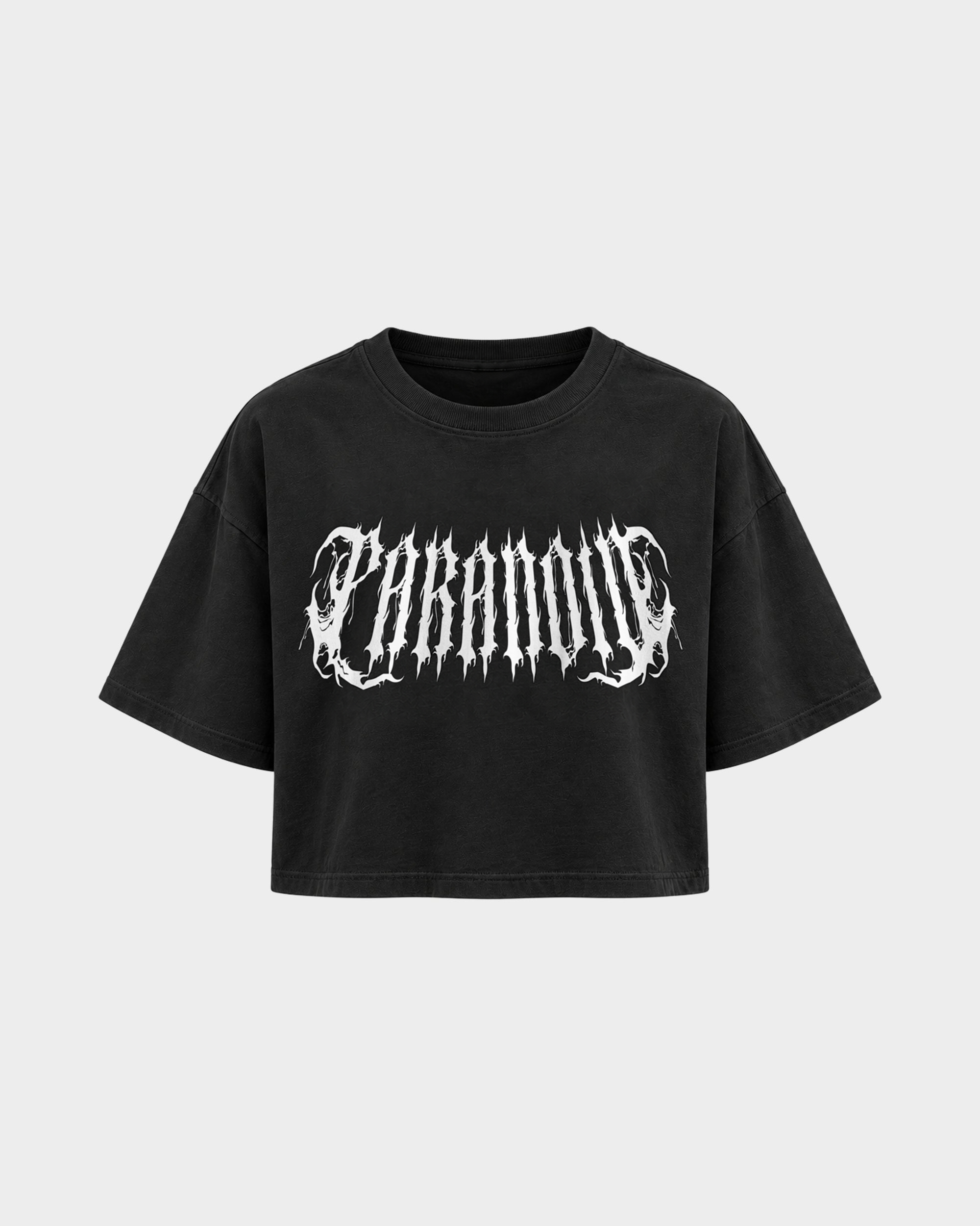 Rave Society mit PARANOID-Motiv – Crop Top in Schwarz – Vorderansicht