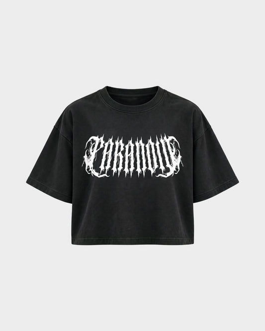 Rave Society – Oversized Crop Top in Schwarz, Frontprint – Hard Nights
