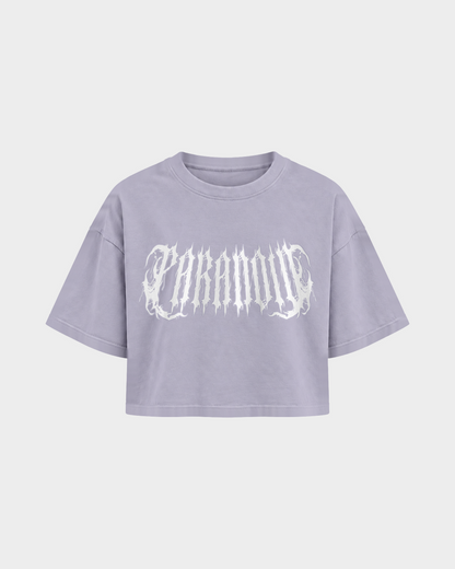 Rave Society mit PARANOID-Motiv – Crop Top in Soft Lilac – Vorderansicht