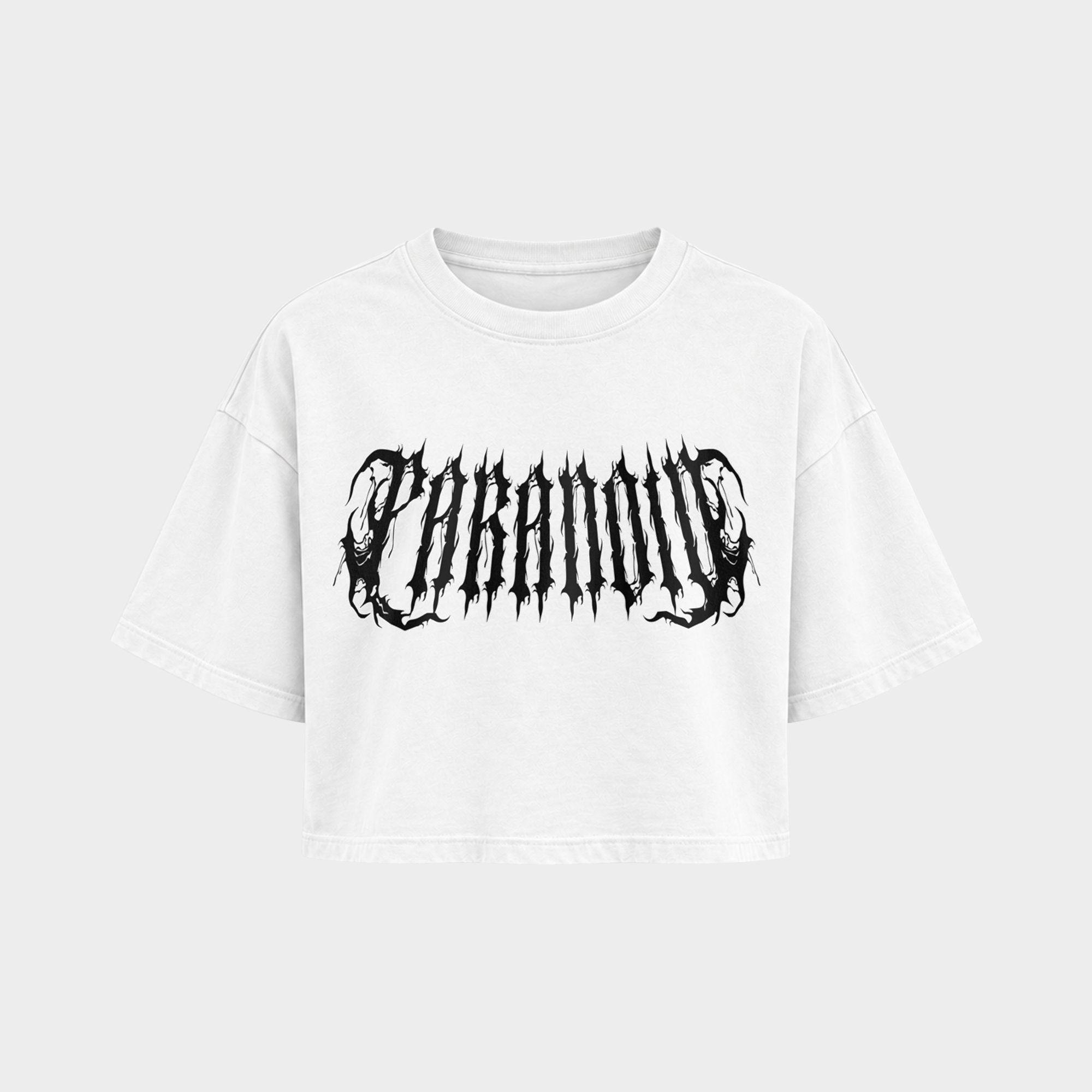 Rave Society mit PARANOID-Motiv – Crop Top in Weiß – Vorderansicht