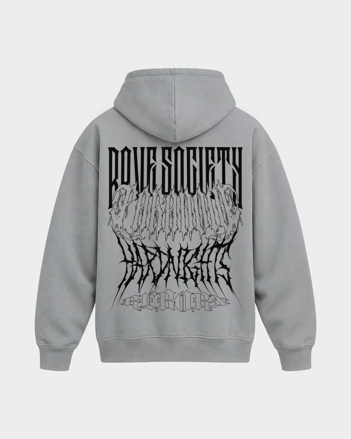 Rave Society – Oversized Hoodie in Hellgrau, Rückenprint – Hard Nights