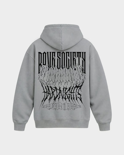Rave Society – Oversized Hoodie in Hellgrau, Rückenprint – Hard Nights