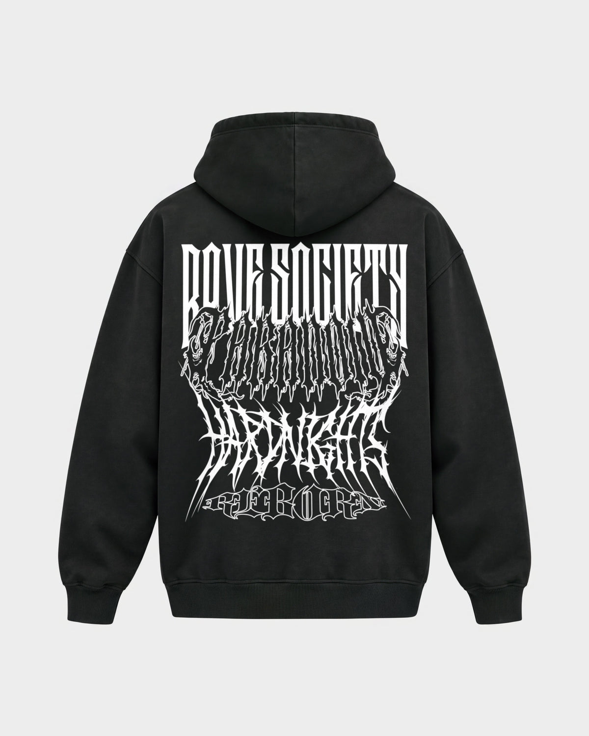 Rave Society – Oversized Hoodie in Schwarz, Rückenprint – Hard Nights