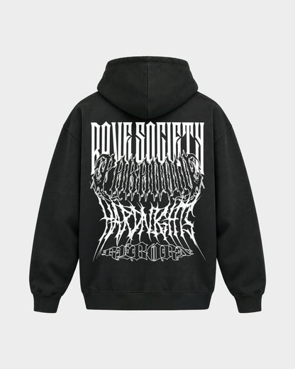 Rave Society – Oversized Hoodie in Schwarz, Rückenprint – Hard Nights