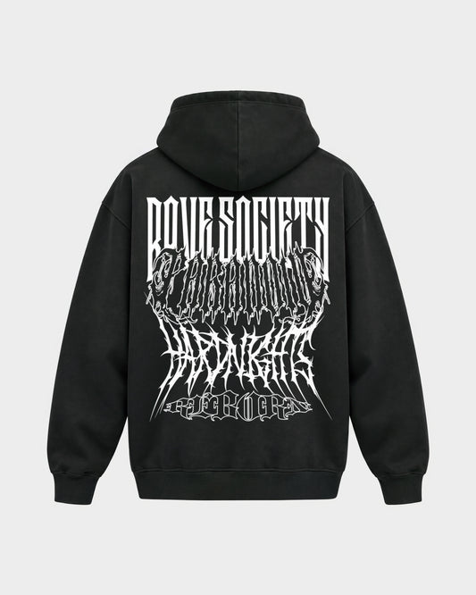 Rave Society – Oversized Hoodie in Schwarz, Rückenprint – Hard Nights