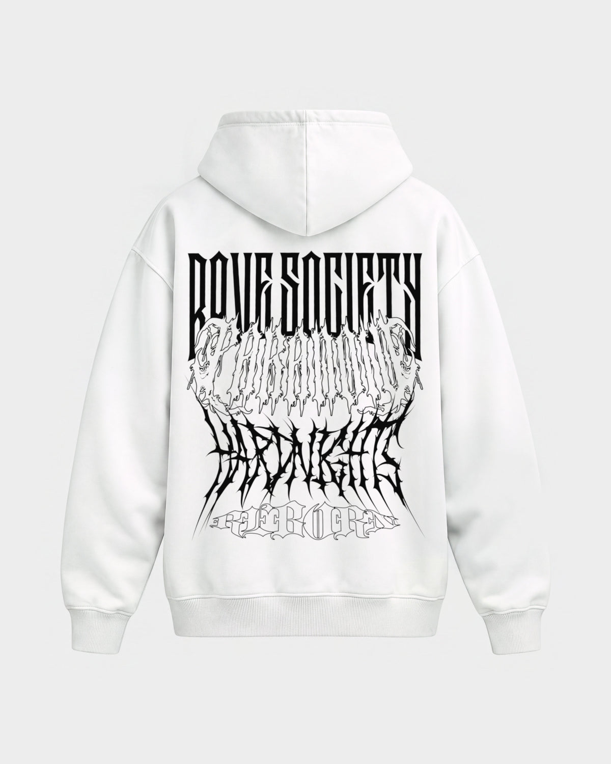 Rave Society – Oversized Hoodie in Weiß, Rückenprint – Hard Nights