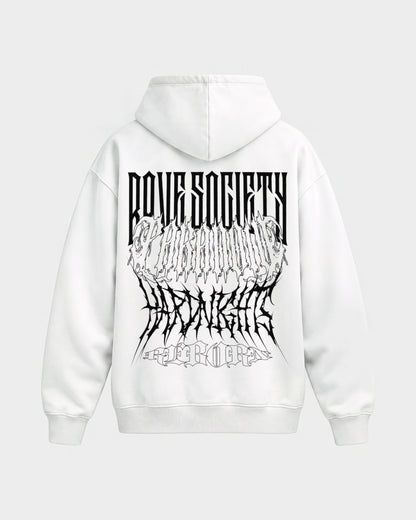 Rave Society – Oversized Hoodie in Weiß, Rückenprint – Hard Nights