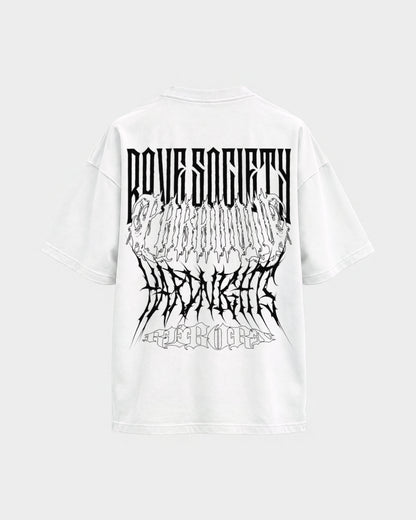 Rave Society – Oversized Shirt in Weiß, Rückenprint – Hard Nights