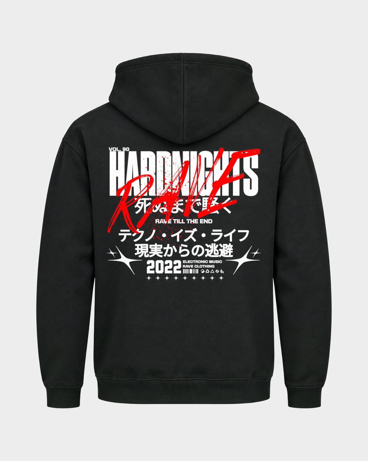 Rave till the end – Basic Hoodie in Schwarz, Rückenprint – Hard Nights