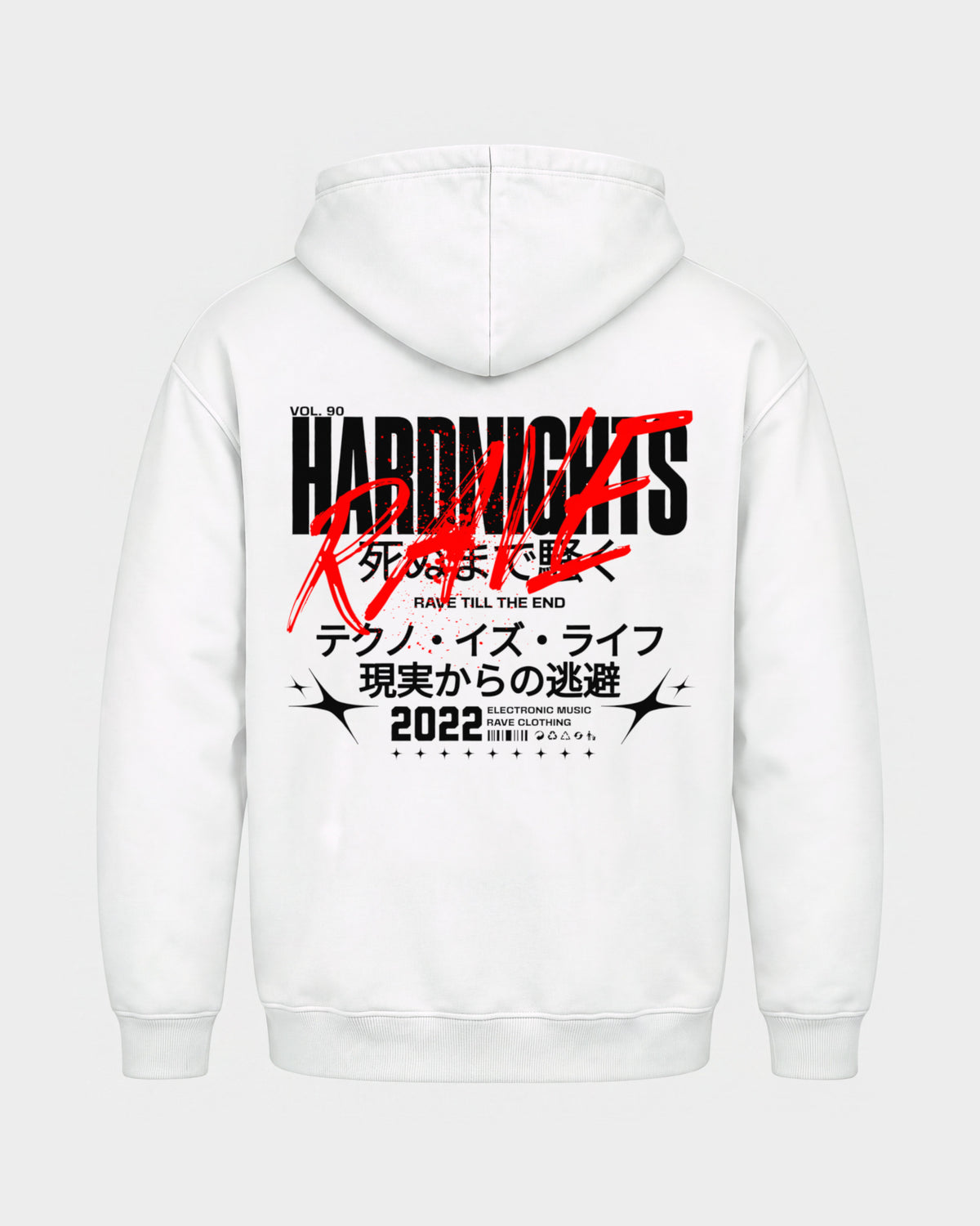 Rave till the end – Basic Hoodie in Weiß, Rückenprint – Hard Nights