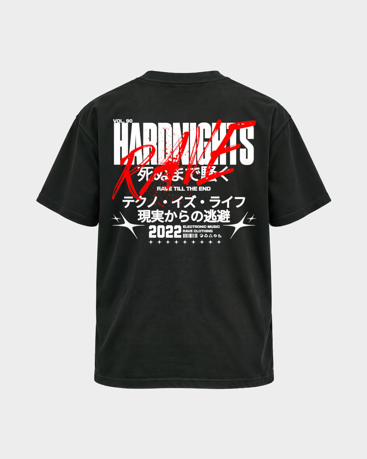 Rave till the end – Basic Shirt in Schwarz, Rückenprint – Hard Nights