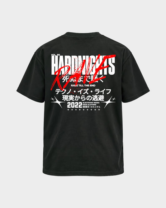 Rave till the end – Basic Shirt in Schwarz, Rückenprint – Hard Nights