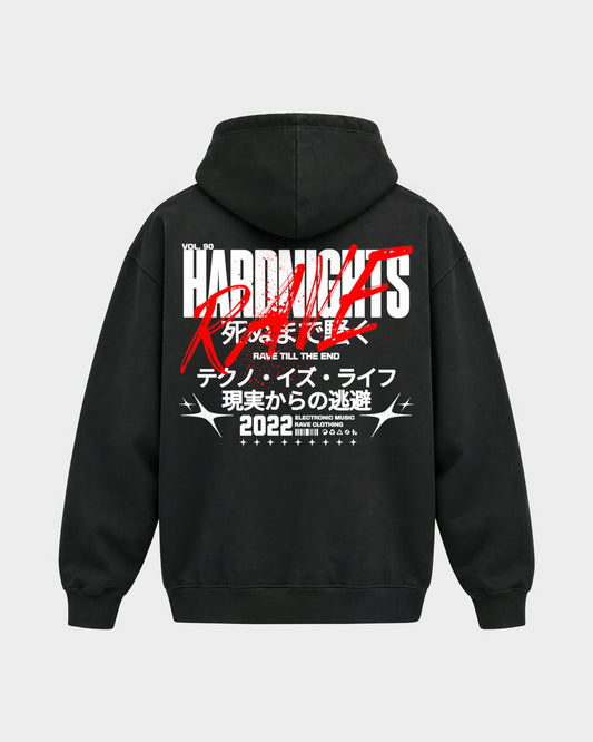 Rave till the end – Oversized Hoodie in Schwarz, Rückenprint – Hard Nights