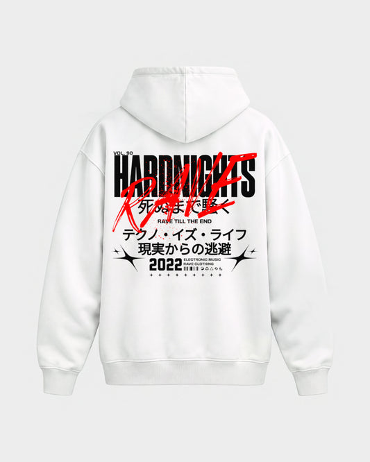 Rave till the end – Oversized Hoodie in Weiß, Rückenprint – Hard Nights