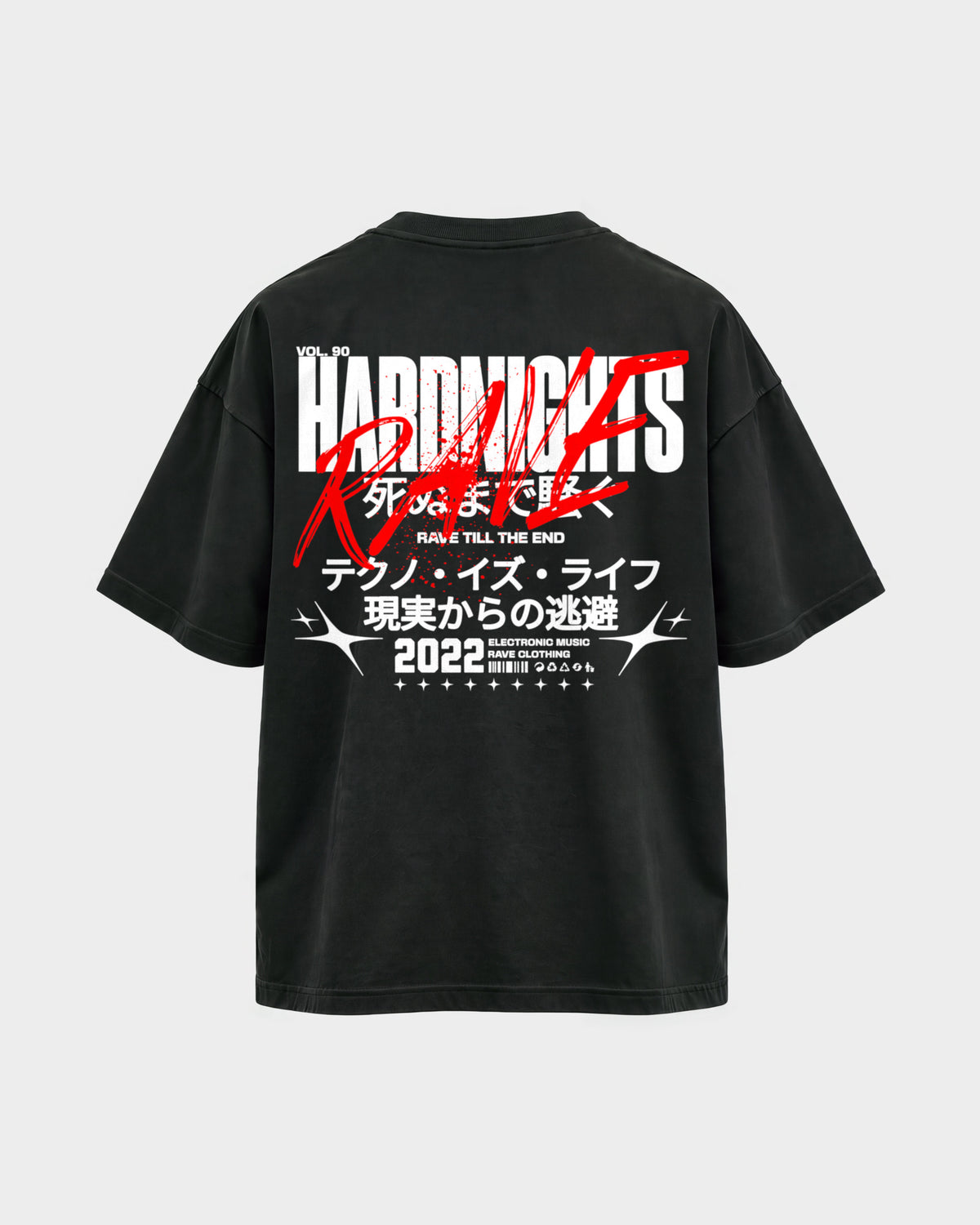 Rave till the end – Oversized Shirt in Schwarz, Rückenprint – Hard Nights