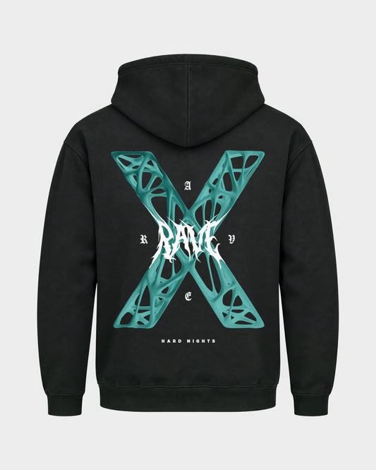 Rave X – Basic Hoodie in Schwarz, Rückenprint – Hard Nights