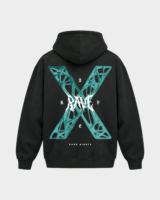 Rave X – Oversized Hoodie in Schwarz, Rückenprint – Hard Nights