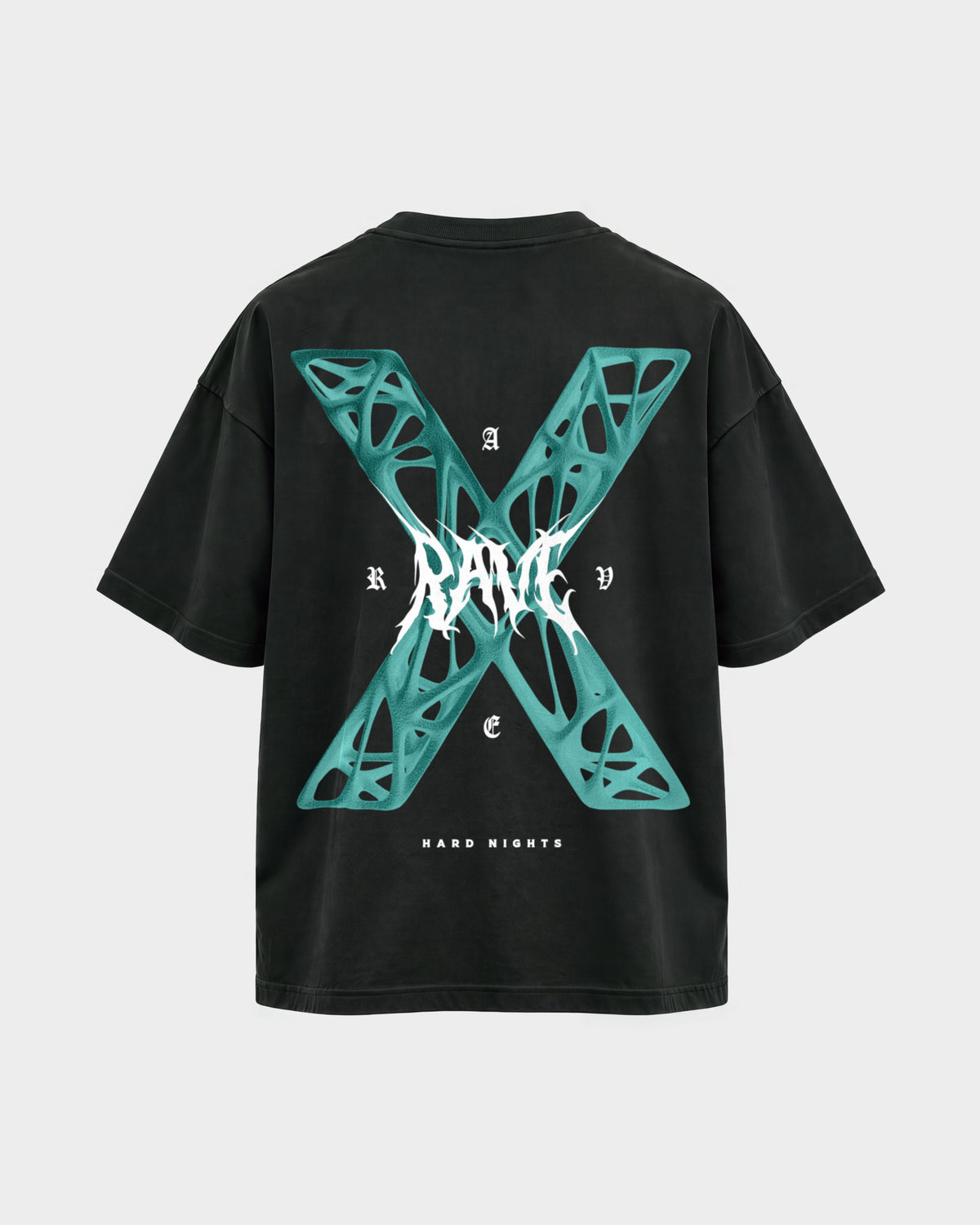 Rave X – Oversized Shirt in Schwarz, Rückenprint – Hard Nights