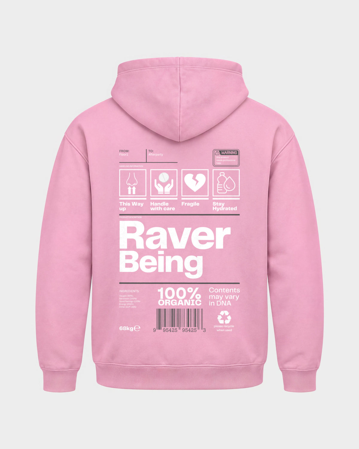 Raver Being – Basic Hoodie in Babyrosa, Rückenprint – Hard Nights
