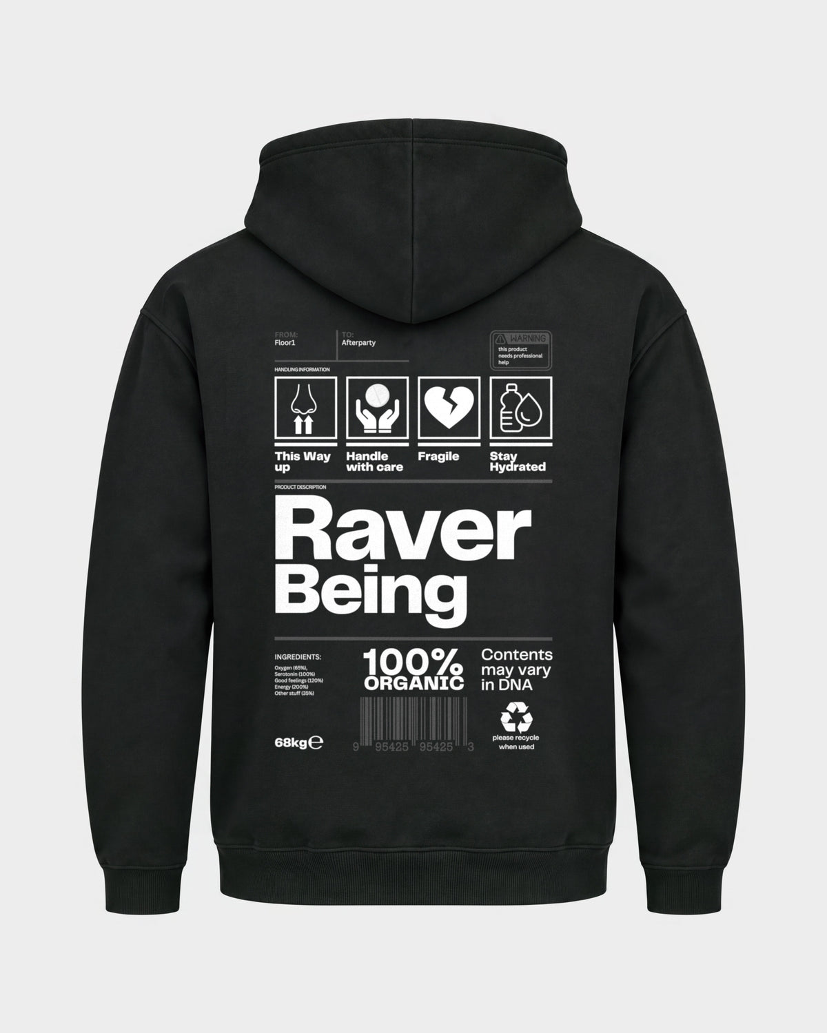 Raver Being – Basic Hoodie in Schwarz, Rückenprint – Hard Nights