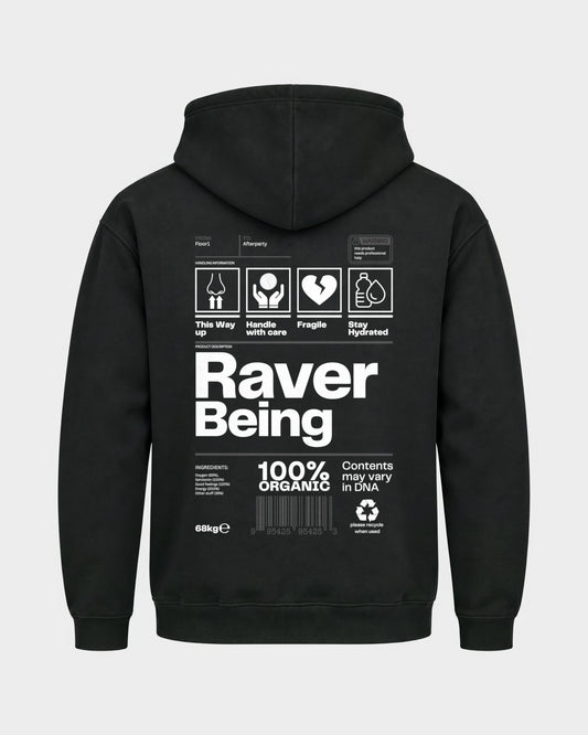 Raver Being – Basic Hoodie in Schwarz, Rückenprint – Hard Nights