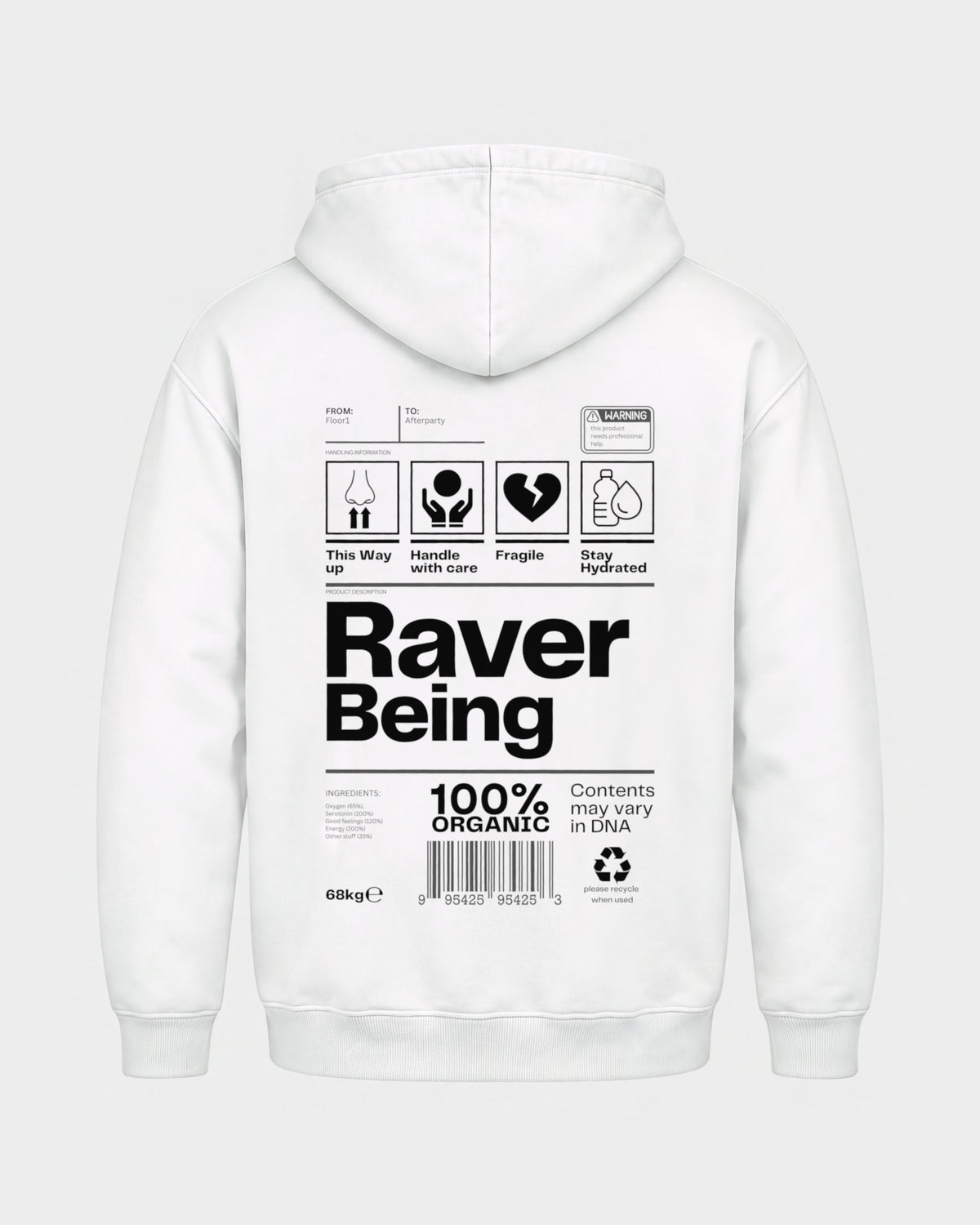 Raver Being – Basic Hoodie in Weiß, Rückenprint – Hard Nights