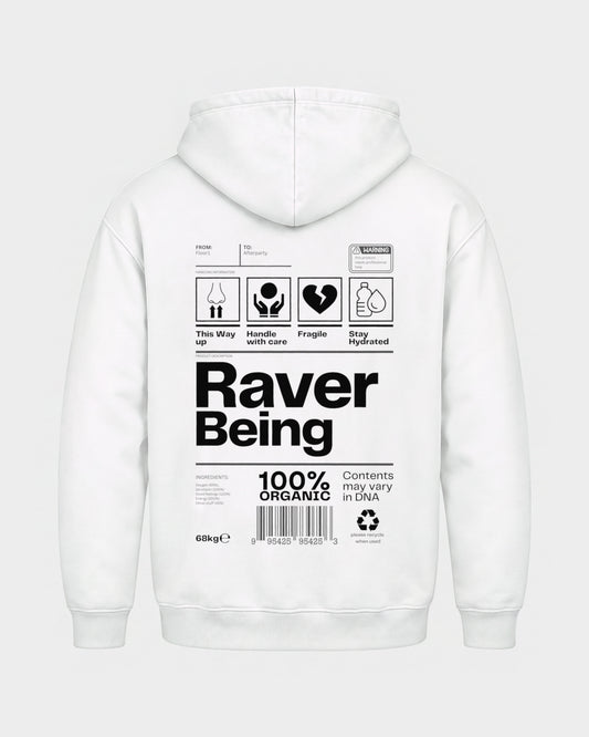Raver Being – Basic Hoodie in Weiß, Rückenprint – Hard Nights