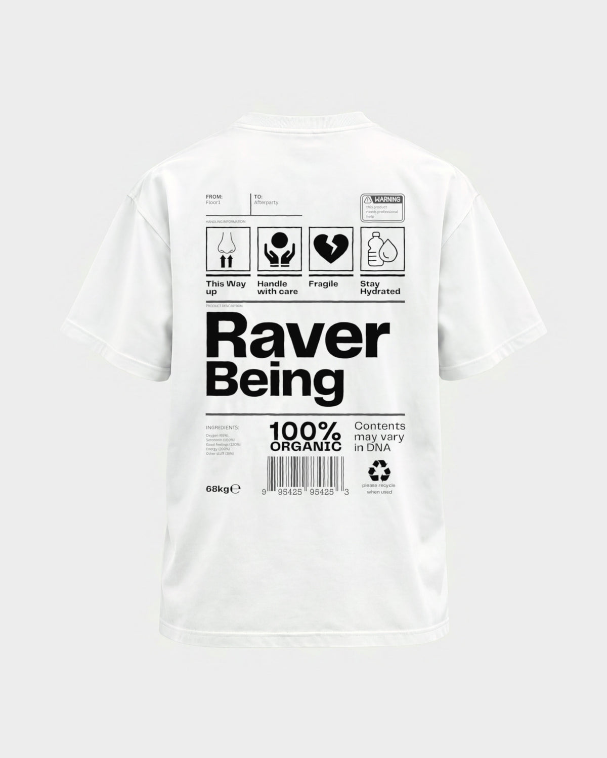 Raver Being – Basic Shirt in Weiß, Rückenprint – Hard Nights