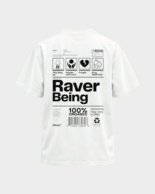 Raver Being – Basic Shirt in Weiß, Rückenprint – Hard Nights