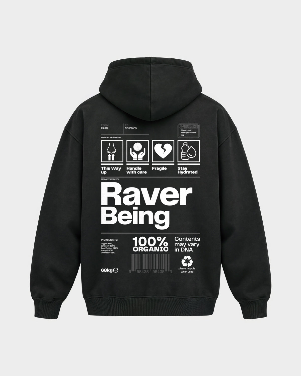 Raver Being – Oversized Hoodie in Schwarz, Rückenprint – Hard Nights
