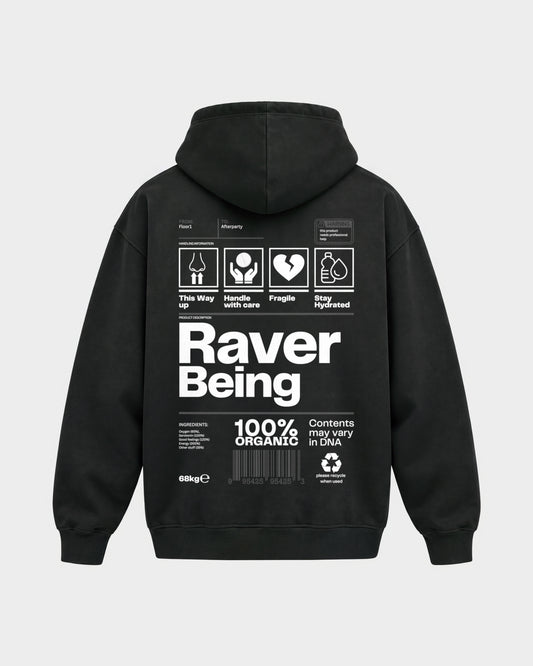 Raver Being – Oversized Hoodie in Schwarz, Rückenprint – Hard Nights