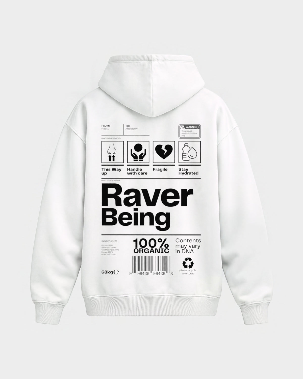 Raver Being – Oversized Hoodie in Weiß, Rückenprint – Hard Nights