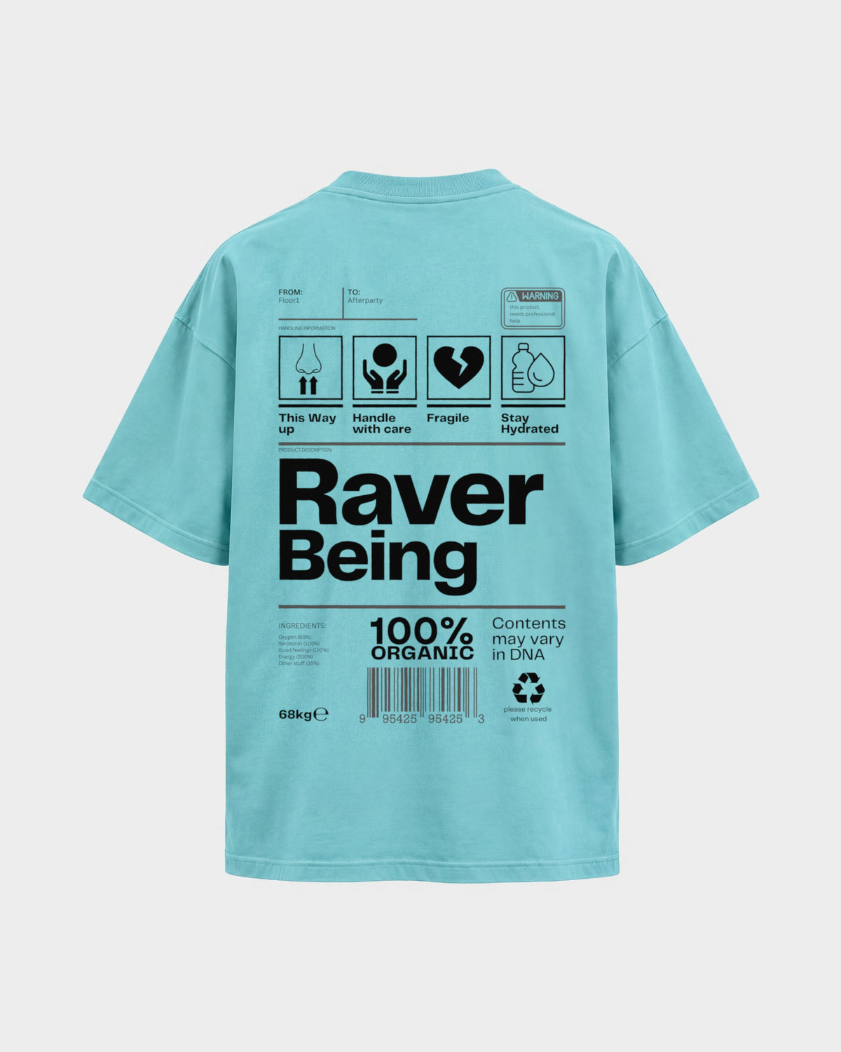 Raver Being – Oversized Shirt in Berylblau, Rückenprint – Hard Nights