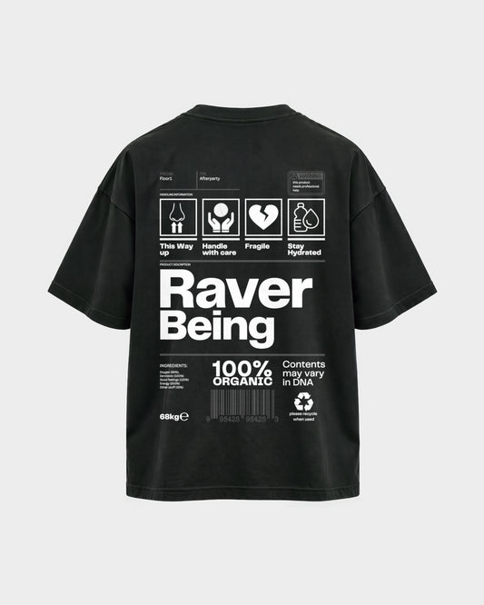 Raver Being – Oversized Shirt in Schwarz, Rückenprint – Hard Nights