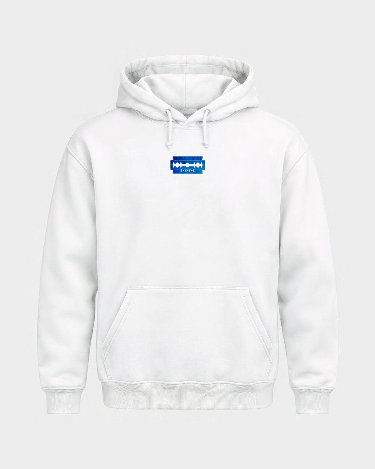 Razor Blade – Basic Hoodie in Weiß, Frontprint – Hard Nights
