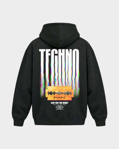 Razor Blade – Oversized Hoodie in Schwarz, Rückenprint – Hard Nights
