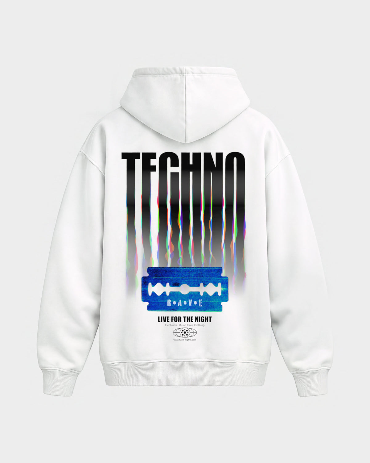 Razor Blade – Oversized Hoodie in Weiß, Rückenprint – Hard Nights