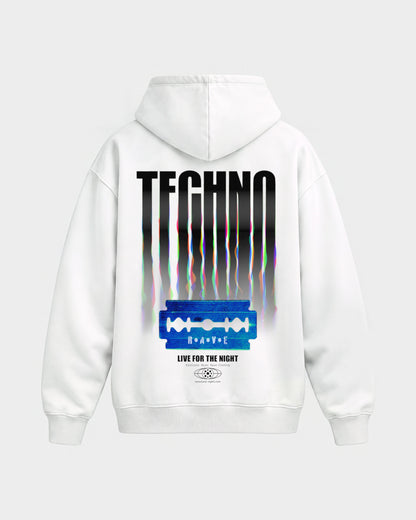 Razor Blade – Oversized Hoodie in Weiß, Rückenprint – Hard Nights