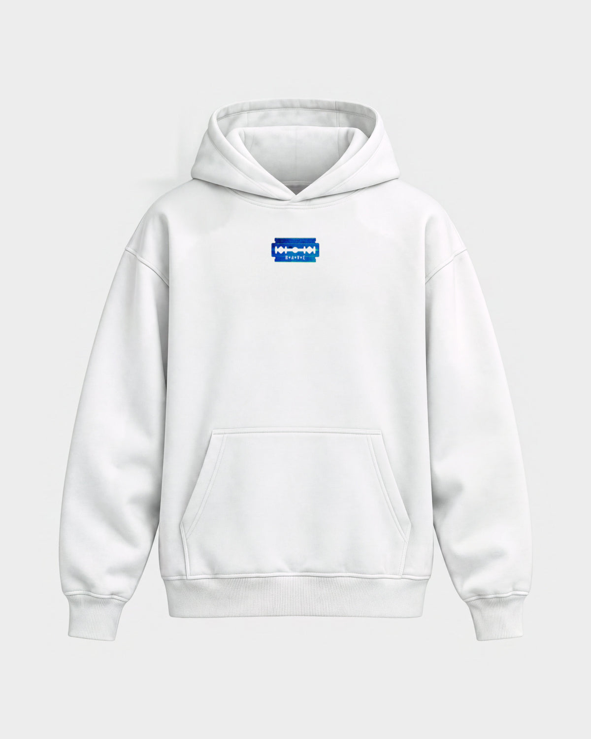 Razor Blade – Oversized Hoodie in Weiß, Frontprint – Hard Nights
