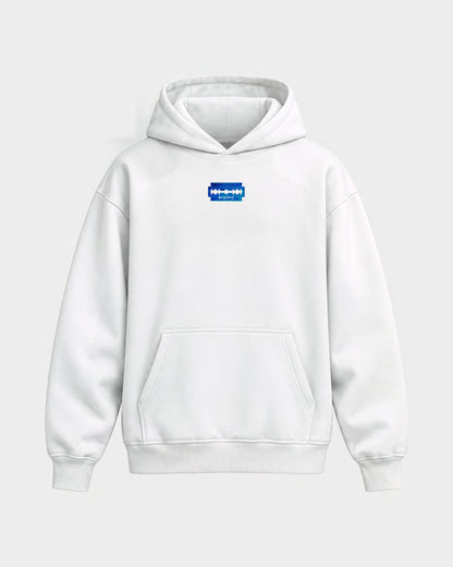 Razor Blade – Oversized Hoodie in Weiß, Frontprint – Hard Nights
