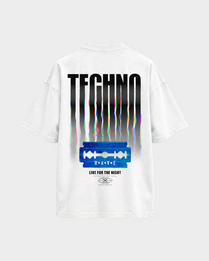 Razor Blade – Oversized Shirt in Weiß, Rückenprint – Hard Nights