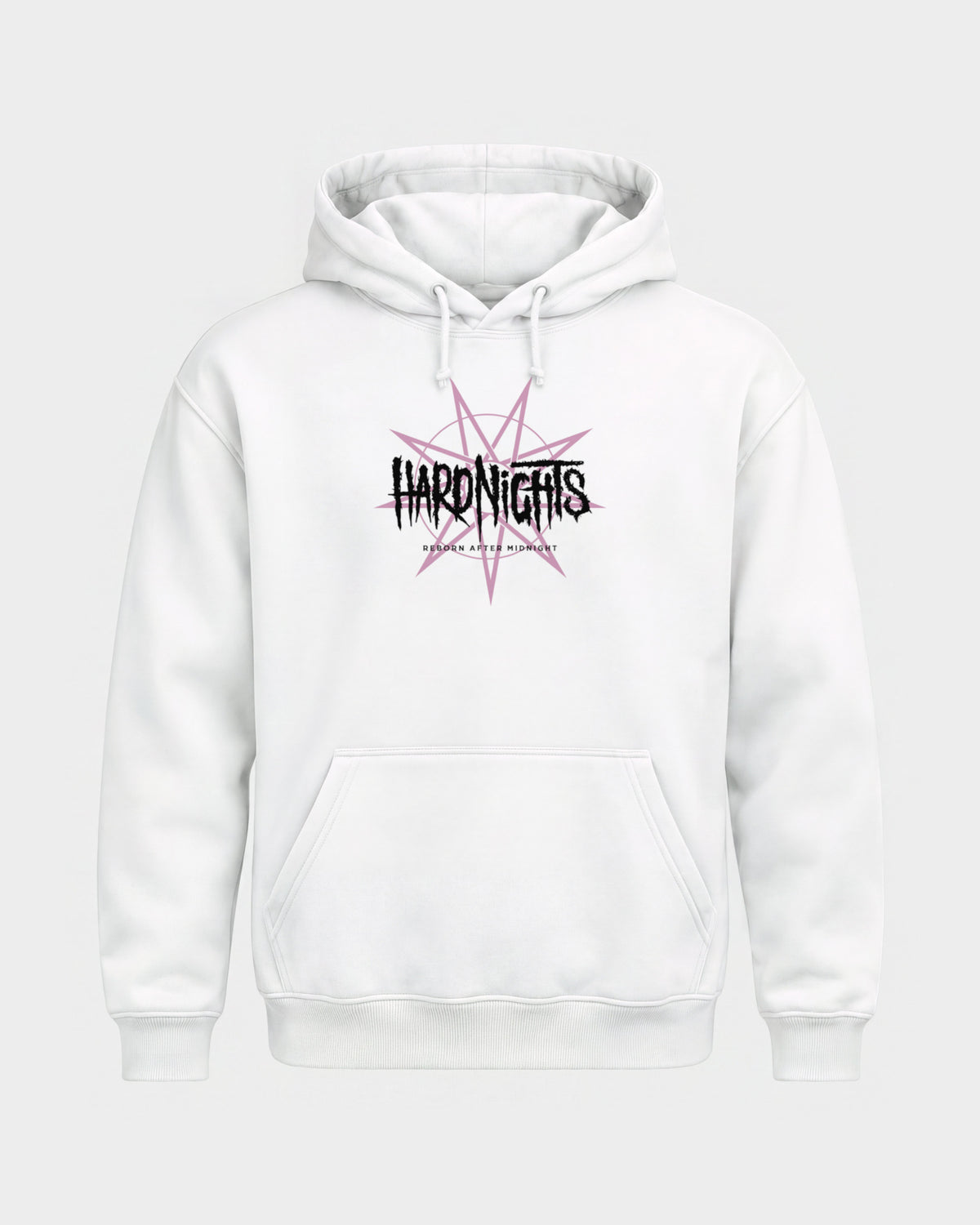 Reborn After Midnight – Basic Hoodie in Weiß, Frontprint – Hard Nights