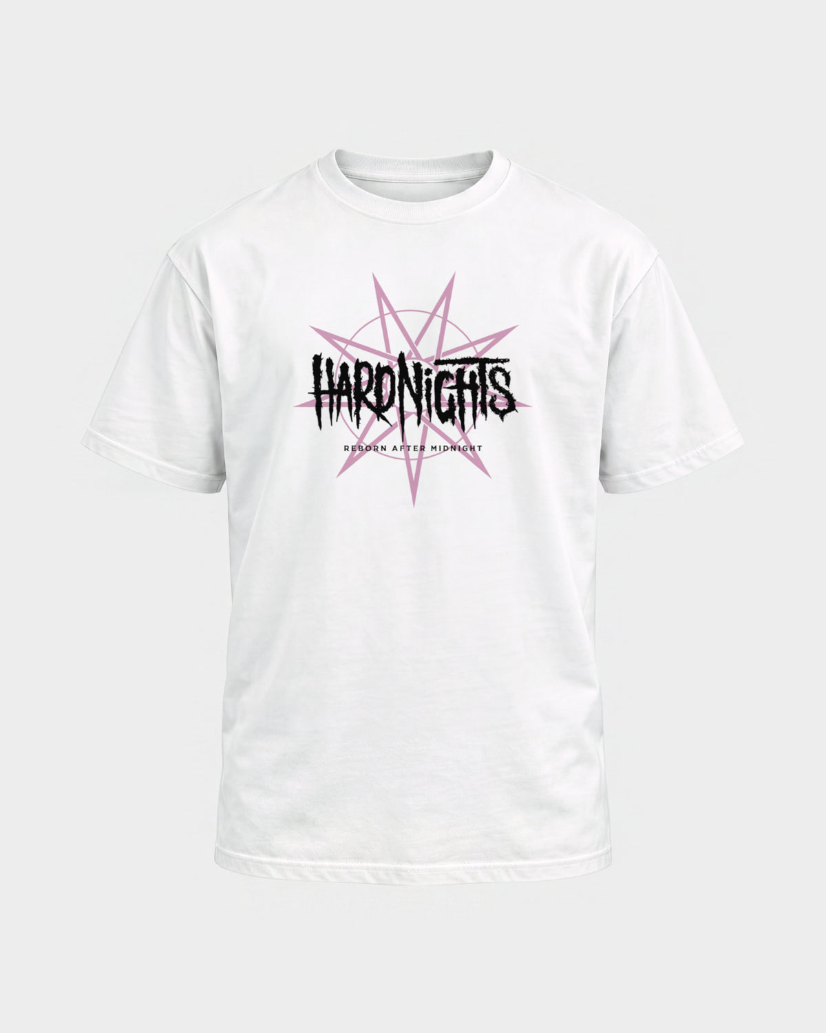 Reborn After Midnight – Basic Shirt in Weiß, Frontprint – Hard Nights