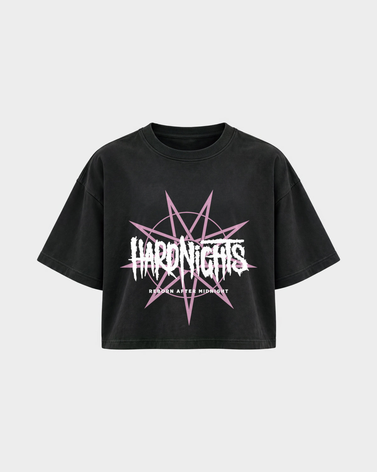 Reborn After Midnight – Oversized Crop Top in Schwarz, Frontprint – Hard Nights
