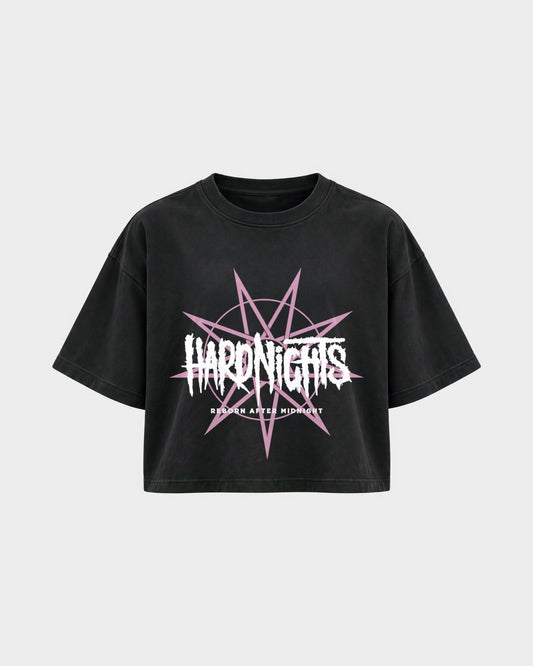 Reborn After Midnight – Oversized Crop Top in Schwarz, Frontprint – Hard Nights