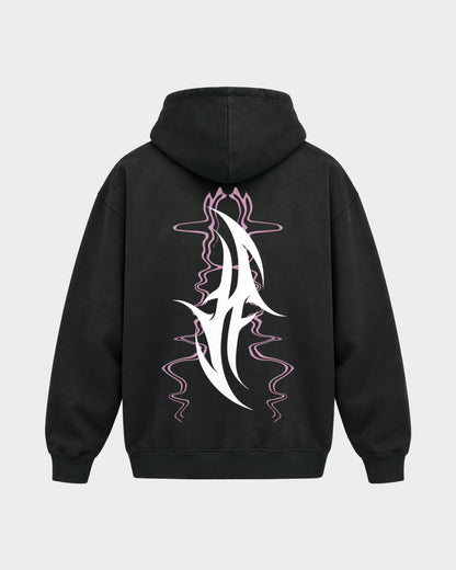 Reborn After Midnight – Oversized Hoodie in Schwarz, Rückenprint – Hard Nights