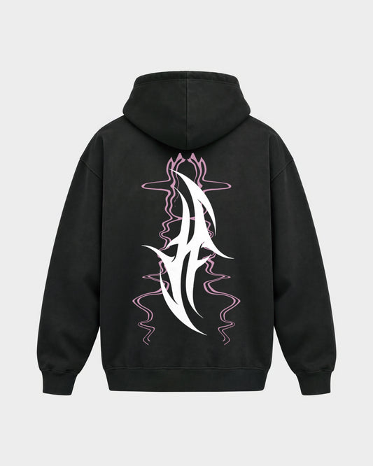 Reborn After Midnight – Oversized Hoodie in Schwarz, Rückenprint – Hard Nights
